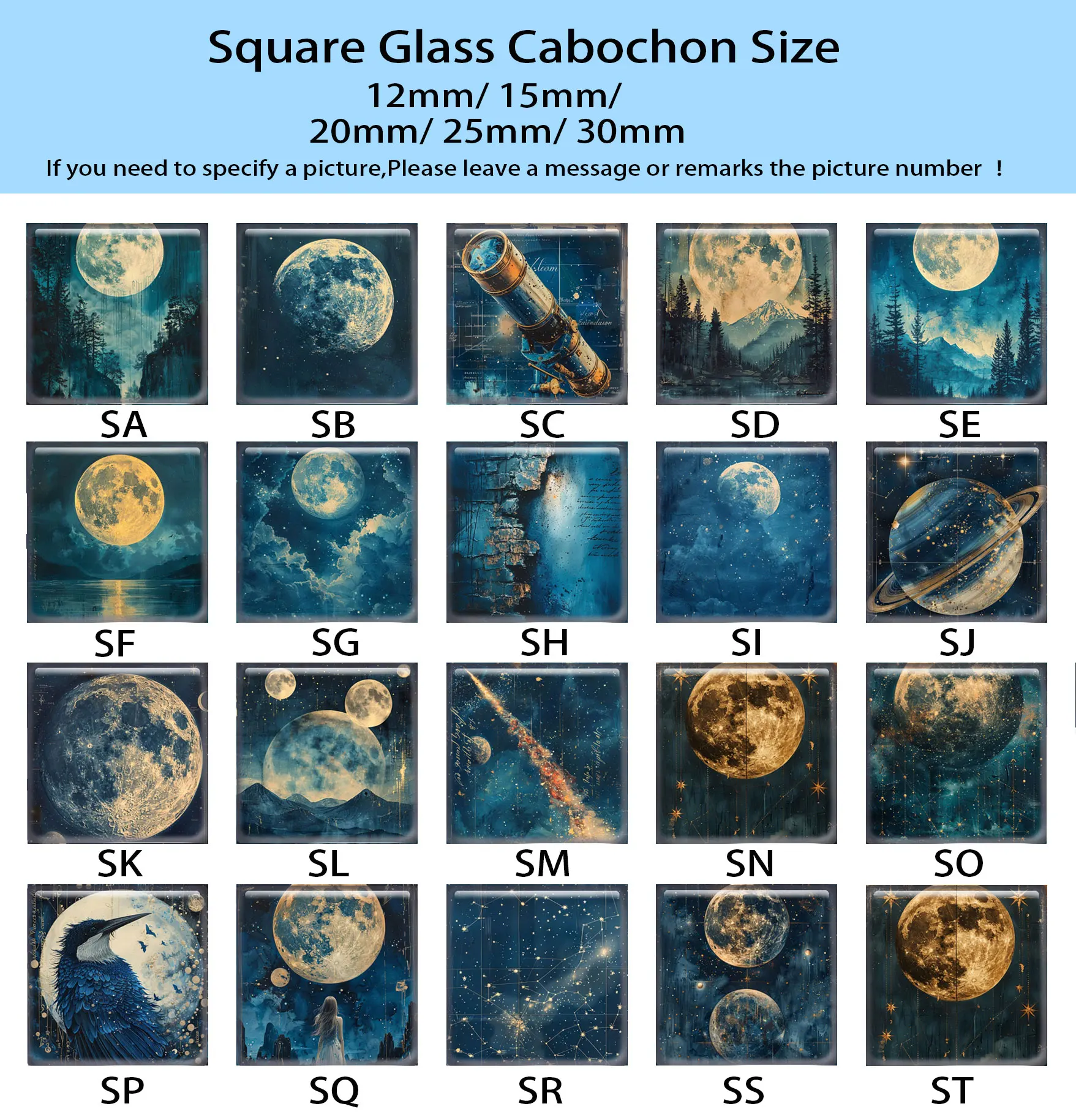 Random Mixed Round/Oval/Square Deep Blue Starry Night Sky Moon Photo Glass Cabochon Flatback Demo Cameo For Diy Jewelry Making - view 6