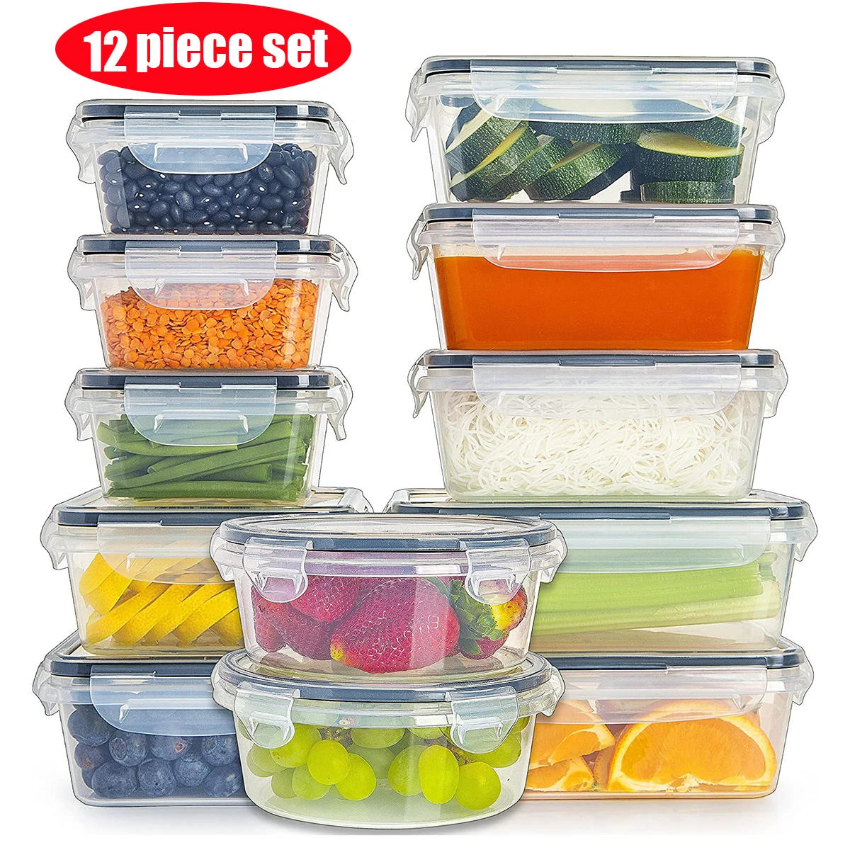 

12-Piece Food Storage Container Set, Airtight Plastic Containers for Pantry and Kitchen Organization - BPA-Free Lunch Containers