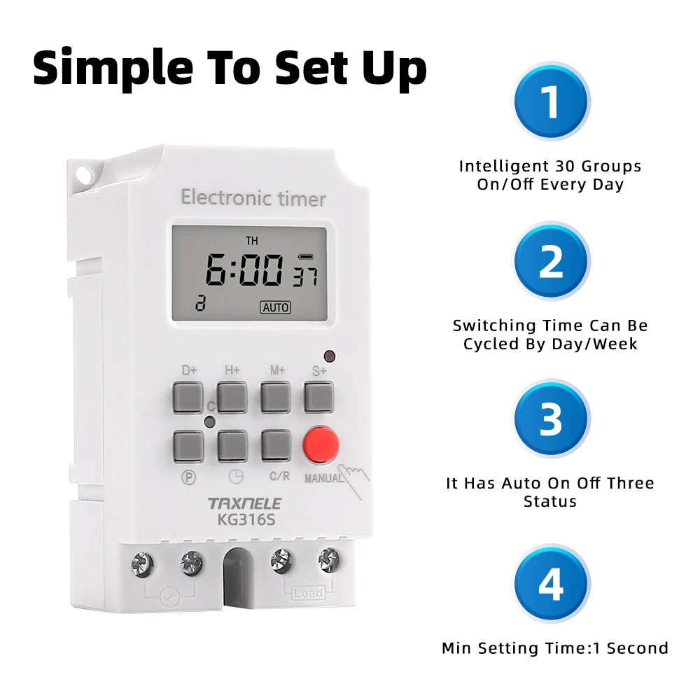 KG316S 7 Days Weekly Digital Electronic Lighting Timer Programmable TIME SWITCH Relay Interval 1 Second High Load 25A AC 220V