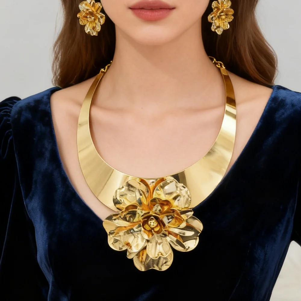 

gold jewelry sets Flower Shape Women Luxury Gold Color Bangle Ring necklace and earrings set For Wedding Accessories Party