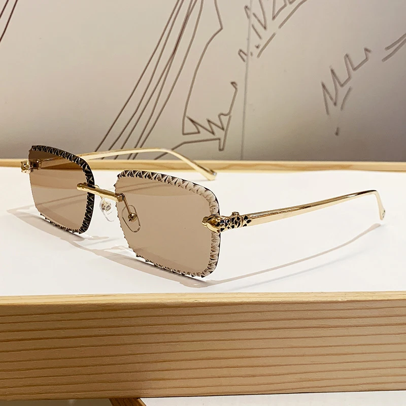 Neues Design Rahmenlose Leopardenkopf-Sonnenbrille zum Autofahren, Sonnenschutz, Modische Metallbrille – Detail 7