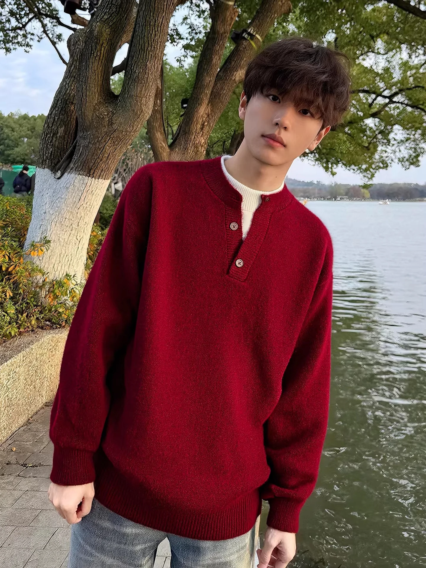 

Red V-Ne Knitwear Fake Two-Piece Sle Men's Autumn Winter Faion Casual Loose Fit Long Sve Thermal Comfortable Knitted...