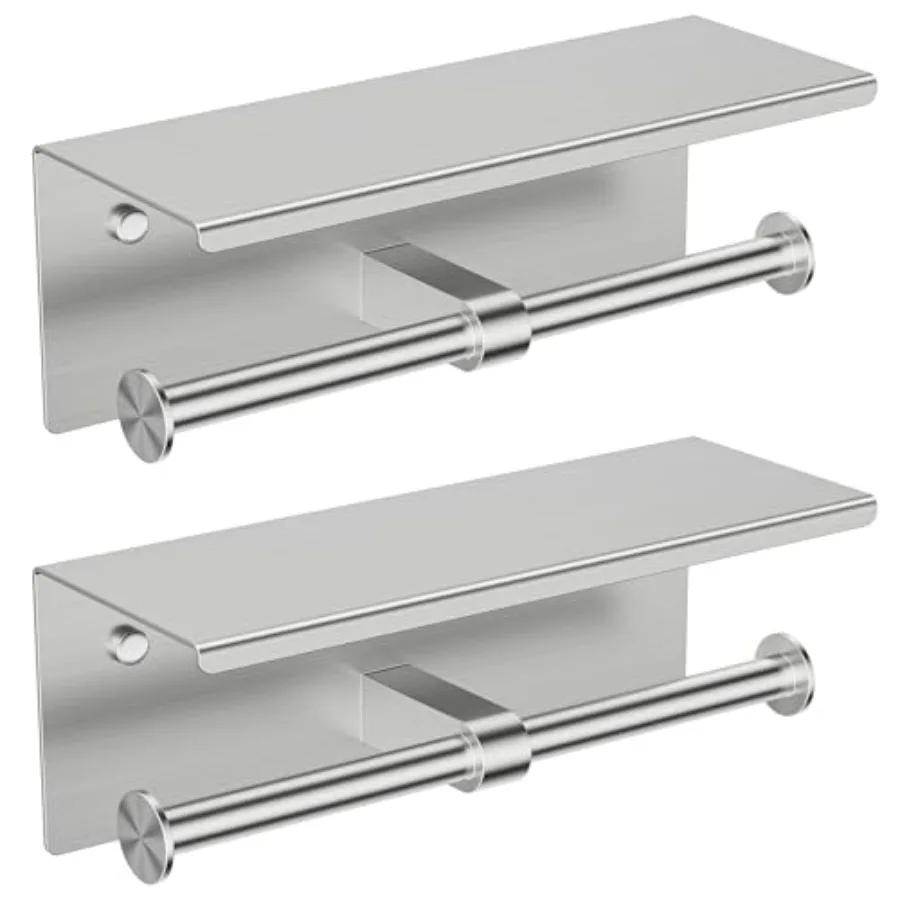 

2 Pack Double Toilet Paper Holder with Shelf Wall Mount Tissue Roll Holder for Bathroom 304 Stainless Steel Commercial Toilet T