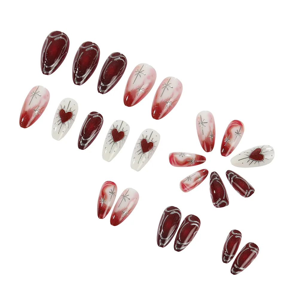 Unhas falsas 3d para o dia dos namorados, vermelho, preto, coração, dourado, prateado, dourado, moldura dourada, estrela, cobertura completa, pontas de amêndoa, imprensa em unhas falsas