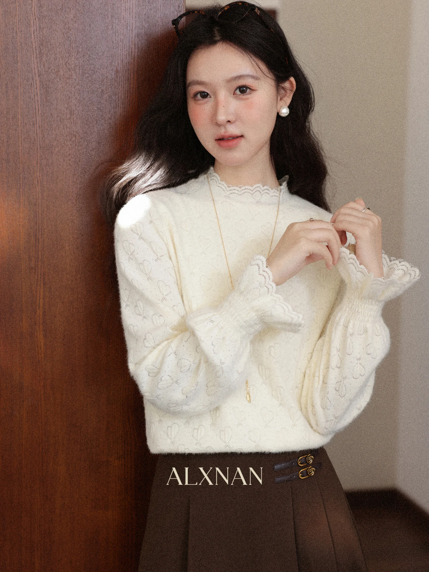 

Warm Core Rabbit Fur Lined Long Sve f High Collar Lace Base irt Women Autumn Winter Casual Sle Pure Color Loose Fit