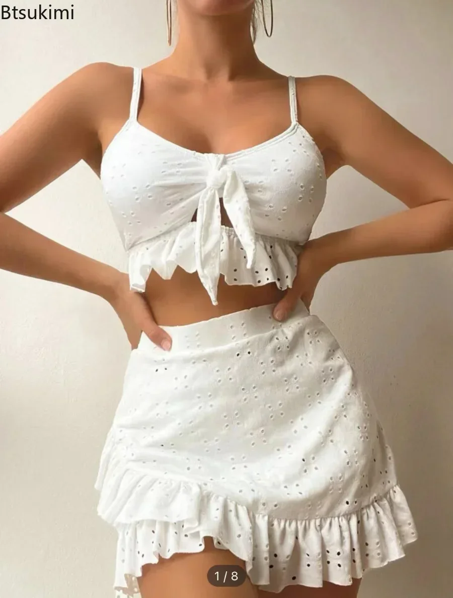 Conjunto de Bikini blanco de 3 piezas para mujer, traje de baño con cuello Halter, falda de realce con volantes, cintura alta, 2024