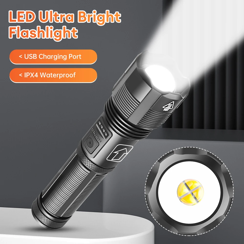 XHP70 Powerful Flashlight Aluminum Alloy Zoom Electric Torch Waterproof USB Charging Long Range Flashlight for Outdoor Camping