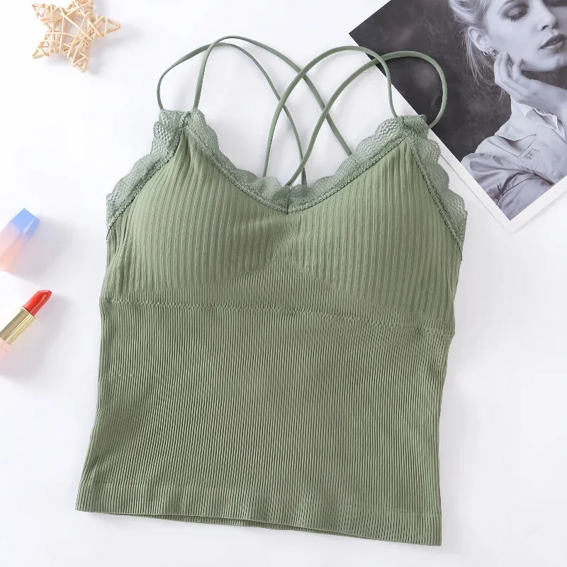 Summer Tank Top Women Crop Tops Sexy Lingerie Beauty Back Seamless Underwear Lace Bralette Camis Female Padded Camisole Femme