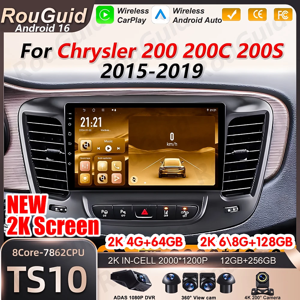 Radio para Auto con Android 16 para Chrysler 200 200C 2015 2016 2017 2018 2019, Navegación GPS, Unidad Principal BT, Reproductor Multimedia de Video, RSD, DSP