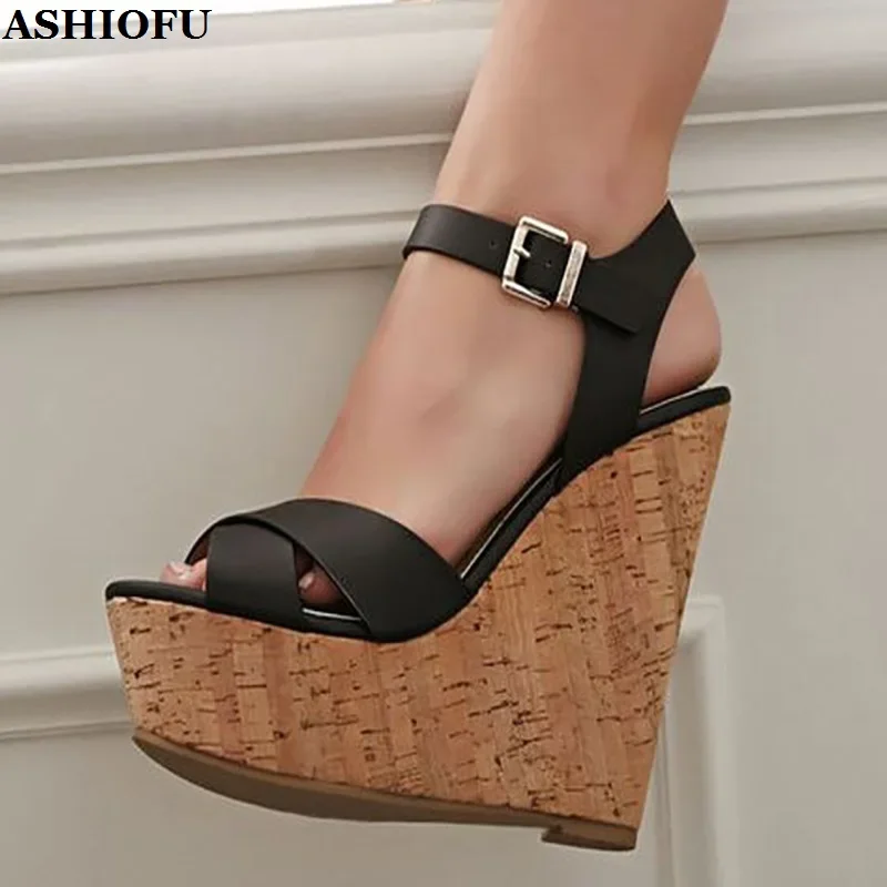 ASHIOFU New Handmade Womens Wadge Heel Sandals Slingback Sexy Party Prom Shoes Club Fashion Evening Sandals Hot Sale Black Shoes