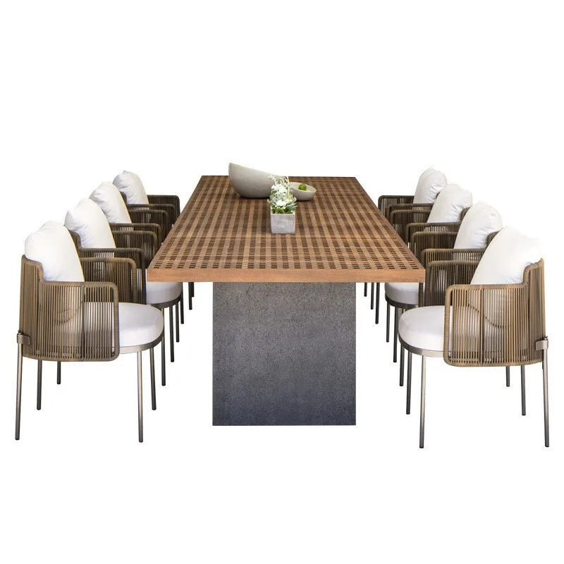 Outdoor rattan table and chair combination high-end courtyard furniture garden sofa rattan chair balcony teak long table dining