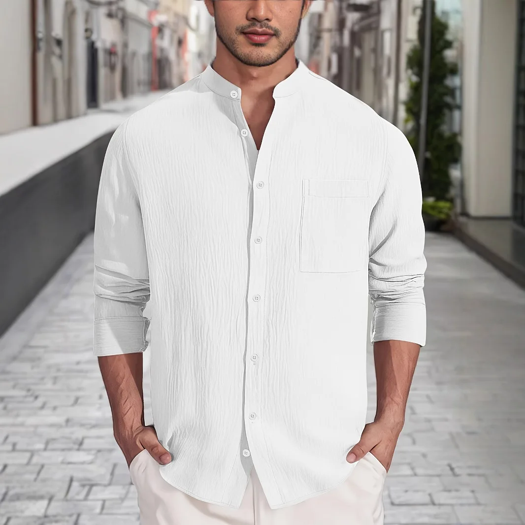 Retro Solid Color Men Casual Shirt Summer Fashion Cotton linen Long Sleeve Henley Shirt Hawaii Male Beach Shirt European Size