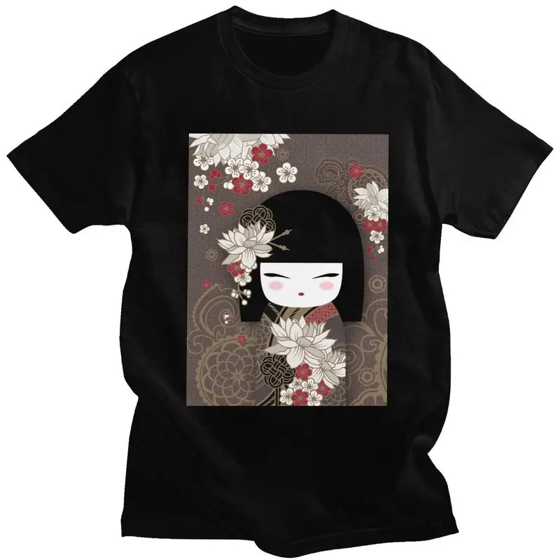 Custom Kokeshi Doll Cherry Blossoms T Shirts Men 100% Cotton Tee Tops Japanese Kimono Geisha Girl Tshirts T-shirt