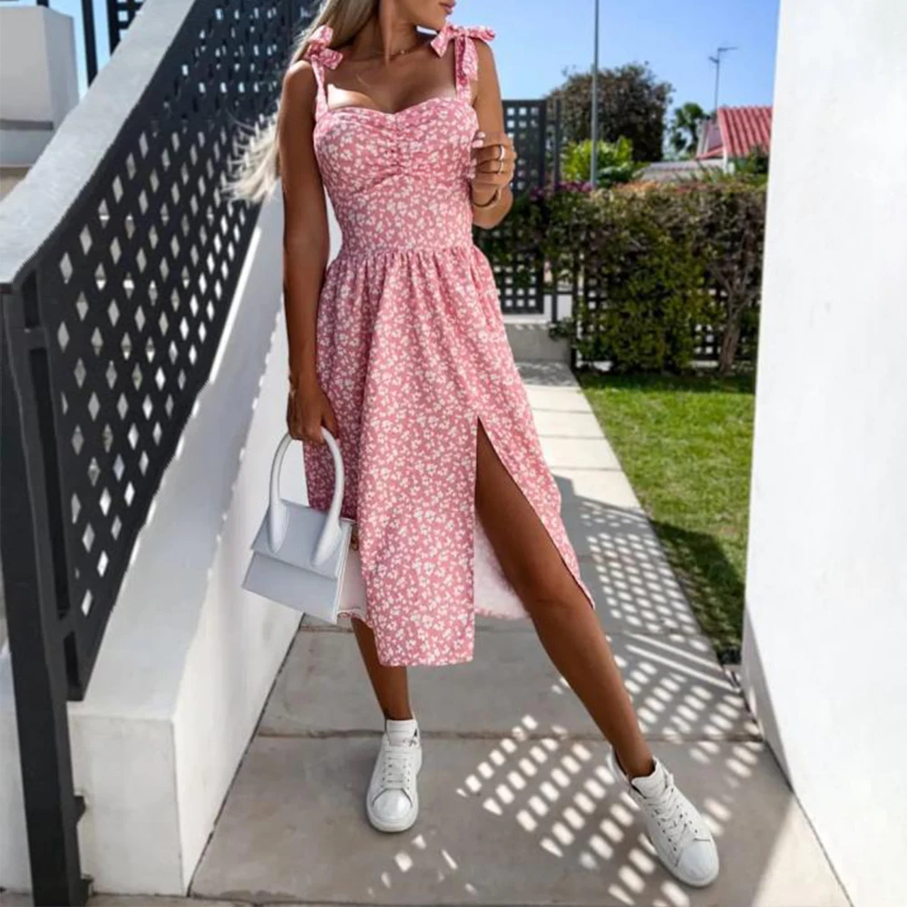 Abito longuette da donna Boho floreale con spalline con scollo a V e lacci con spacco alto Abito estivo da donna per le vacanze al mare Abito estivo a trapezio Taglia S-2XL