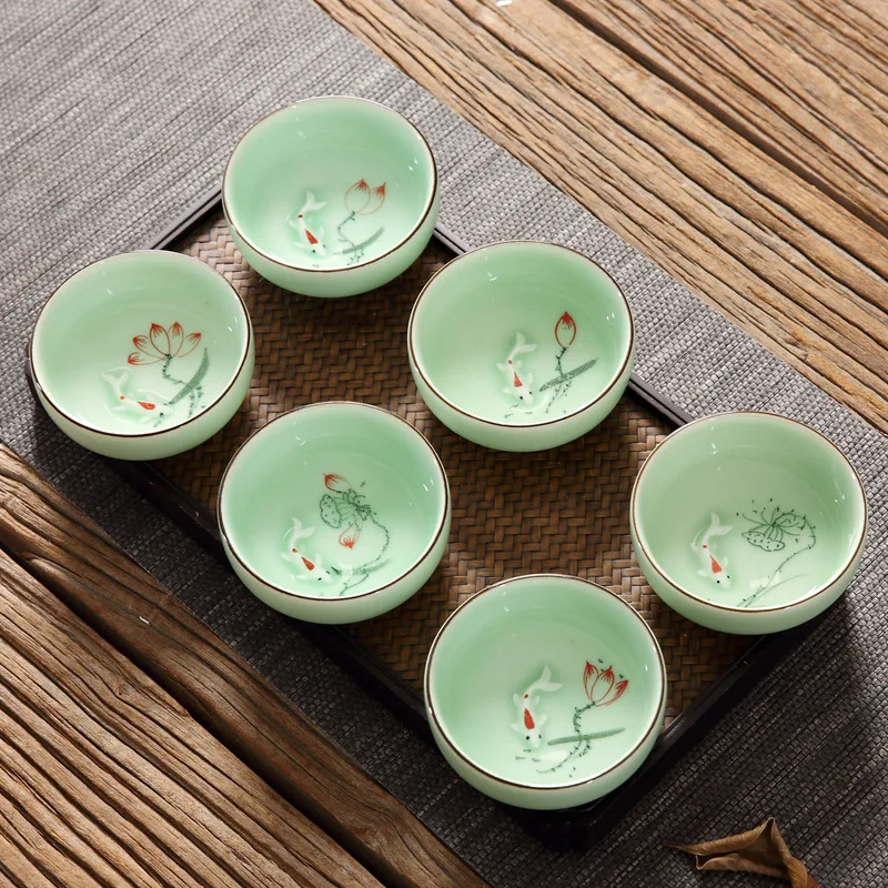 Lucky Carp Design Celadon Tea Cup Hand Painted Longquan Glaze for Pu‘er Gongfu Tea Collector Item Chinese Art