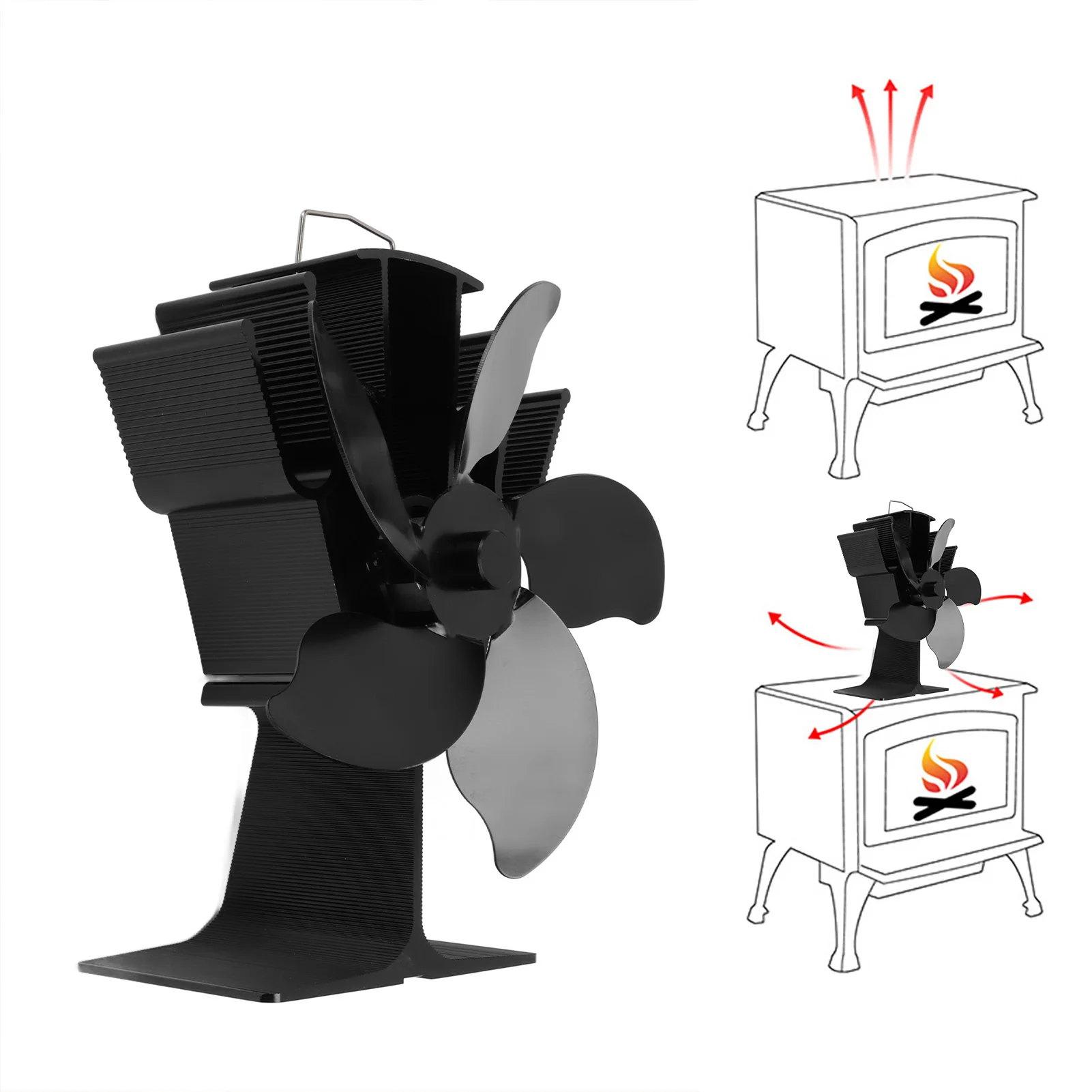 비 전기 벽난로 팬, 열 구동 스토브 팬, 고온 저항, 5 블레이드, 거실용 블랙