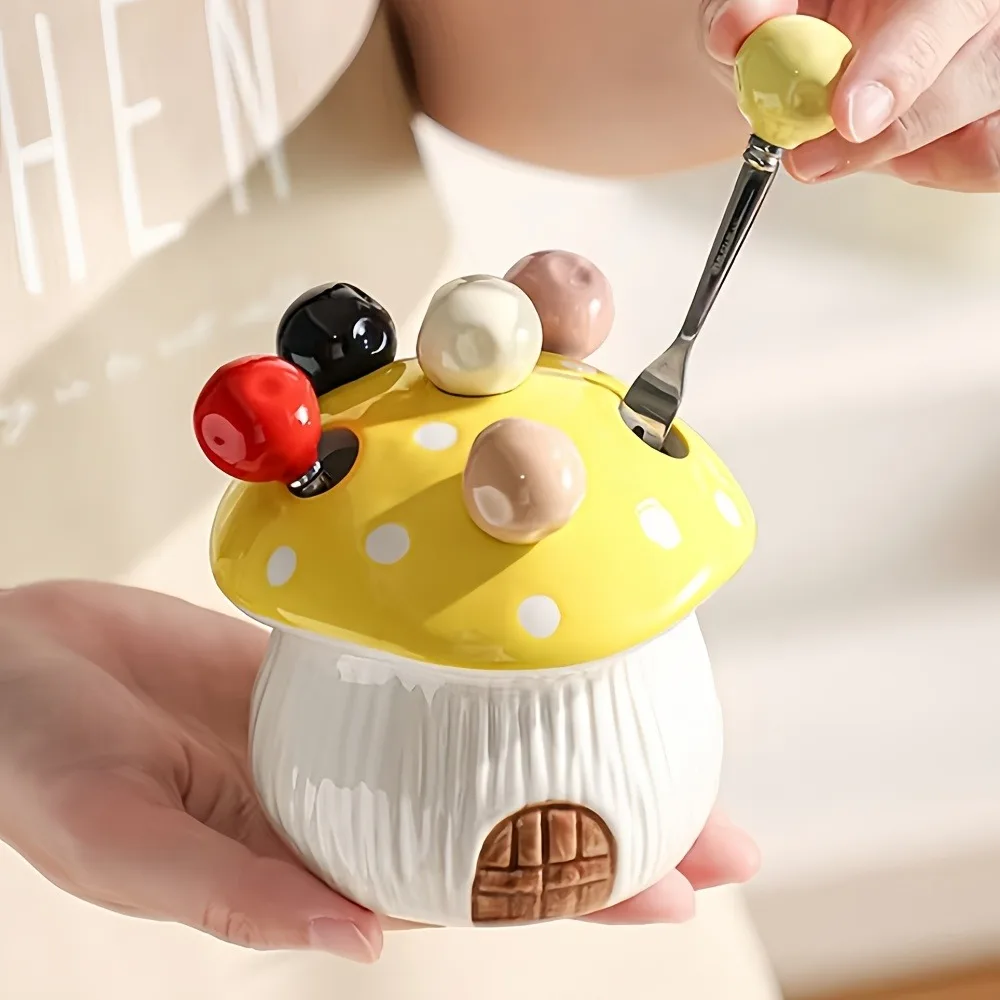 Mushroom Fruit Fork Set 7 Pcs Ceramic Holder with 6 Stainless Steel Forks Cute Mushroom House Dessert Fork for Fruit Cake Party