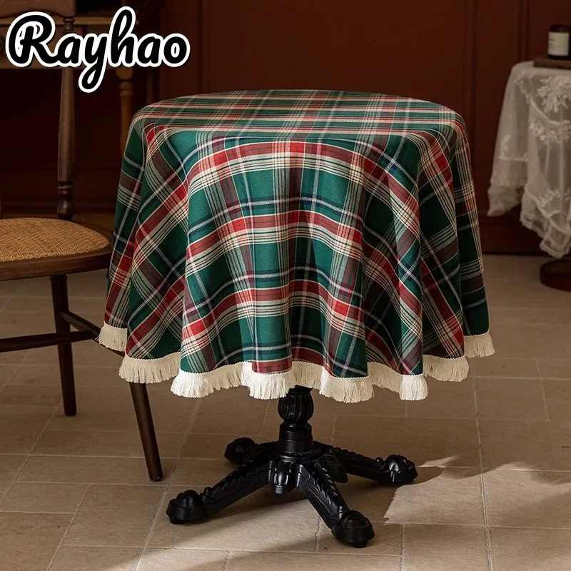 

Creative Table Cover Desktop Party Christmas Decoration Round Table Cloth with Tassels Retro Grid Pattern Desktop Cover Cloth