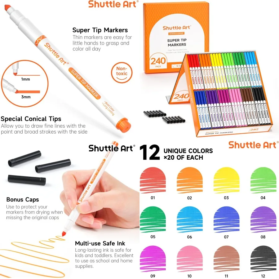 

Shuttle Art 240 упаковок моющихся маркерів Super Tips, 12 разных цветов, конический наконечник, большие маркеры оптом в коробке, бонусные колпачки, идеально подходят