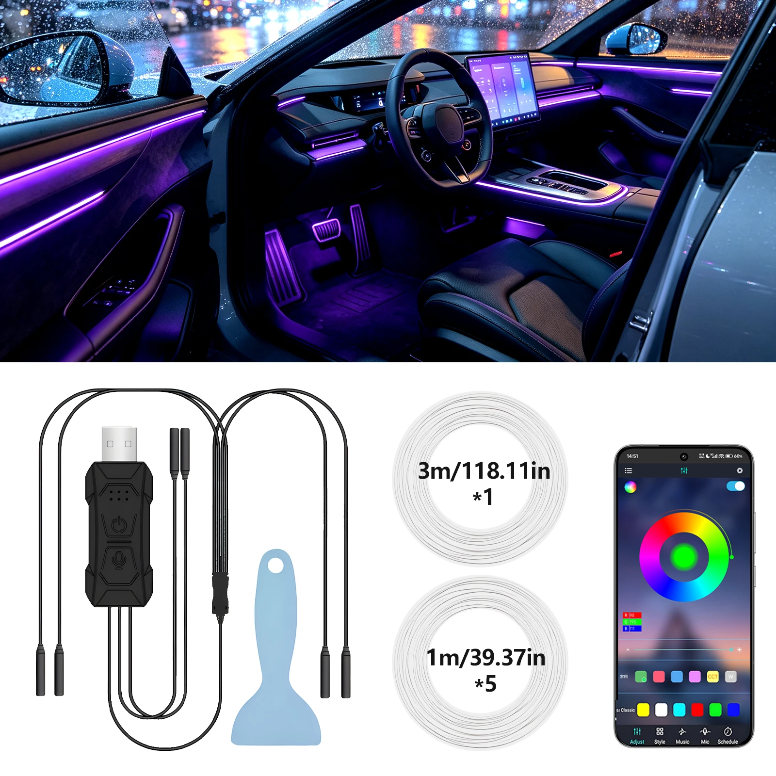 Flexible Neon LED Car Interior Ambient Light RGB Multicolor Sound Active App Control Auto Dashboard Door Atmosphere Strip Light