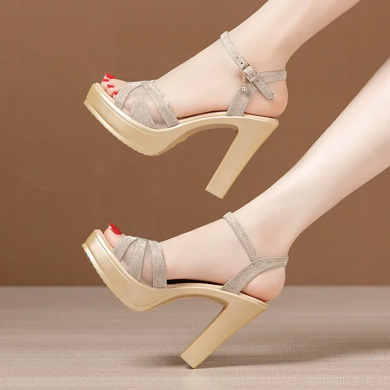 10cm Small Size 32-43 Elegant Mesh Leather Platform Shoes Summer 2026 Block High Heels Sandals Women for Office Model Party Mom