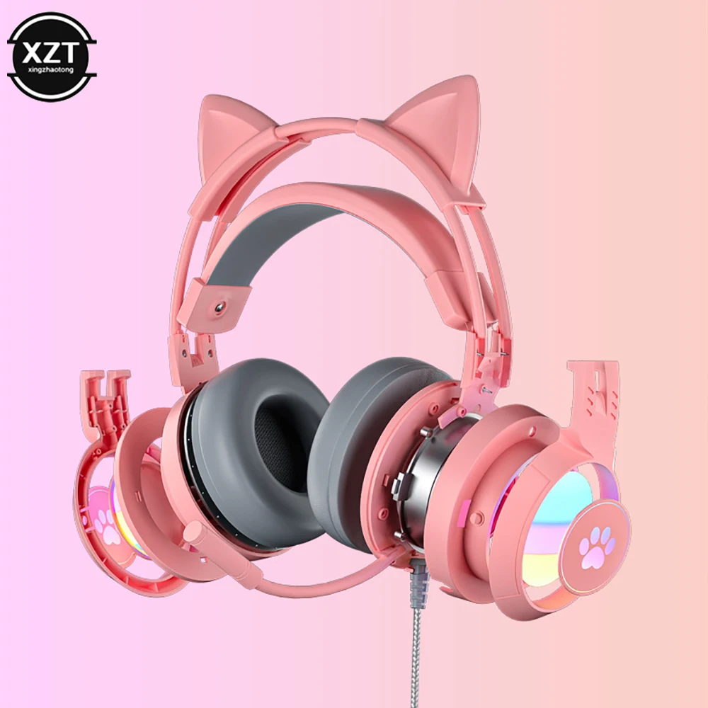 Casque de jeu Cat Ear pour PC, ordinateur, ensembles de sauna de jeu avec microphone, bruit Cancell, filaire, prise USB 3.5mm, PS4, Xbox One