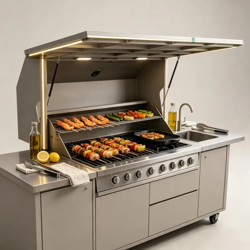 Outdoor Kitchen Modular Cabinet System With BBQ Grill Prep Counter Weather Resistant For Patio Outdoor Gathering