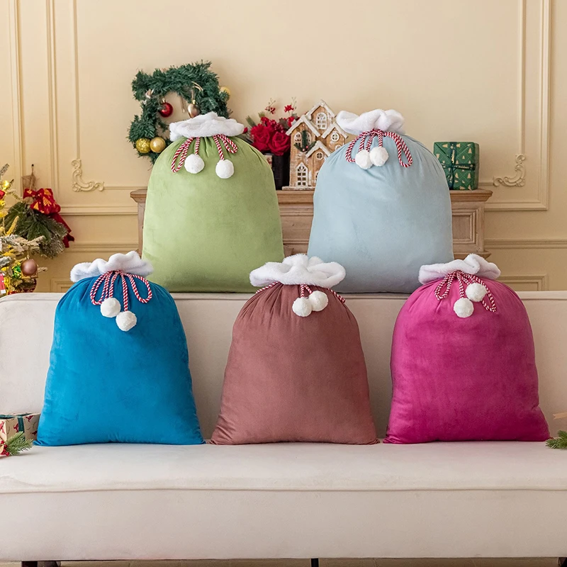 Large Xmas Velvet Santa Gift Sack Pom Pom Drawstring Bag Present Storage Pouch for Christmas Holiday Home Party Decor
