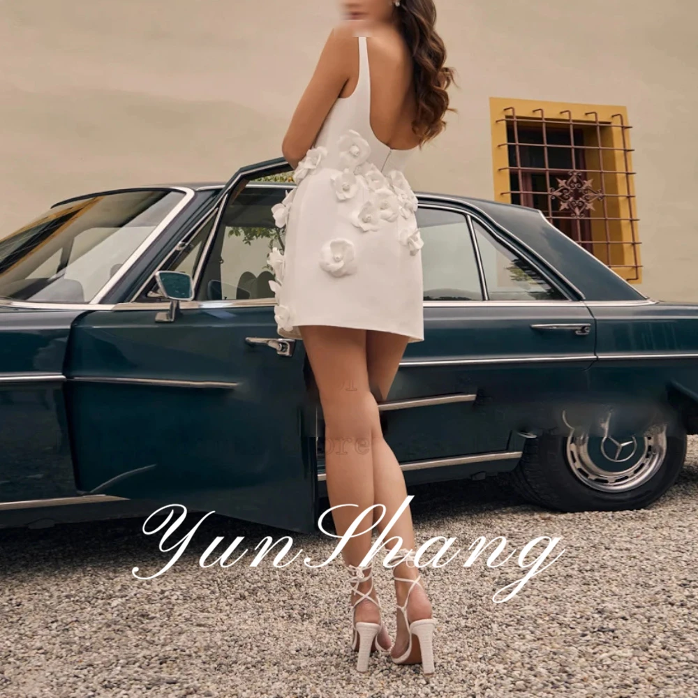 YunShang Customized Sexy Short Wedding Dresses Short Sleeves A-Line Bridal Growns Bows Pearls Above Knee Length Illusion Vestido