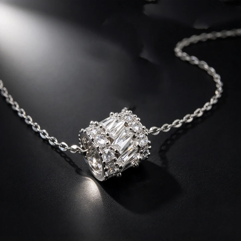 Vintage Silver Plated Brass Necklace, Cylinder Zircon Charm, high quality jewelry for dinner date, city stroll & daily wear