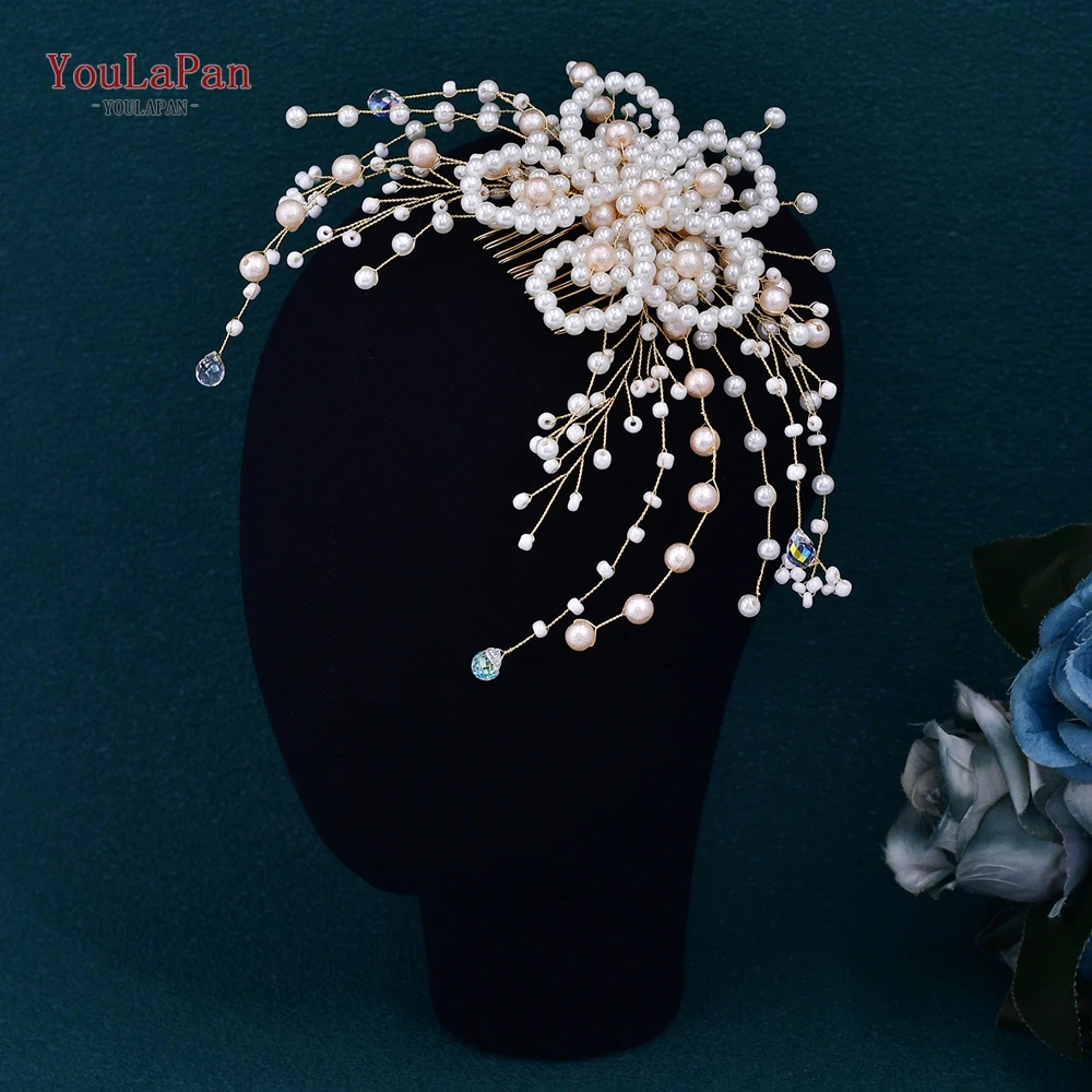 YouLaPan Pink Pearl Gold Color Hair Comb Trends Bridal Headwear Wedding Hair Jewelry Women Bride Party Hair Accessories HP723