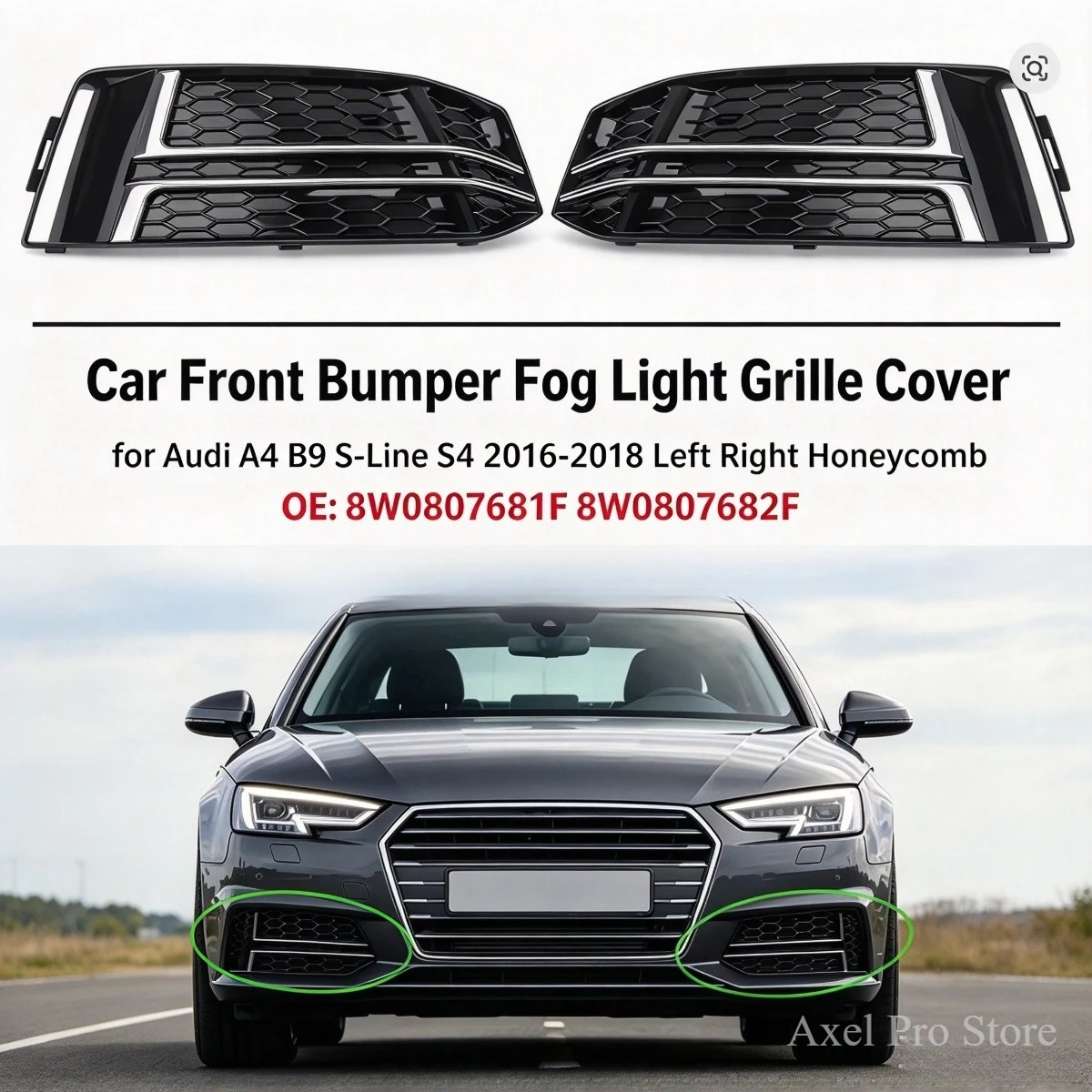 Car Front Bumper Fog Light Grille Cover for Audi A4 B9 S-Line S4 2016-2018 Left Right Honeycomb 8W0807681F 8W0807682F