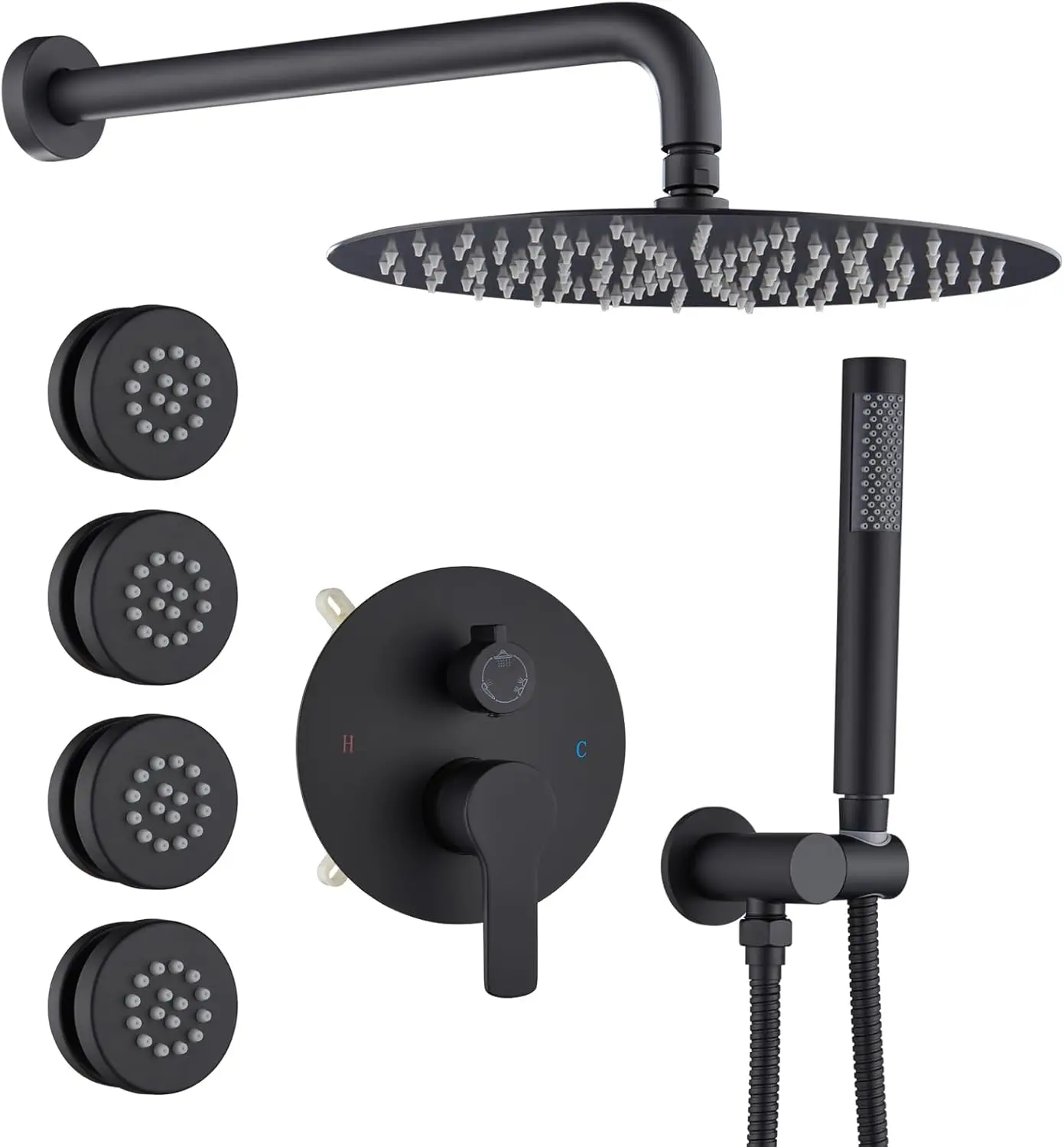 Mattle Black Round Rain Shower System with 4 PCS Body Jets 3 Function Shower Faucet Set Contain 12 Inch Shower Head