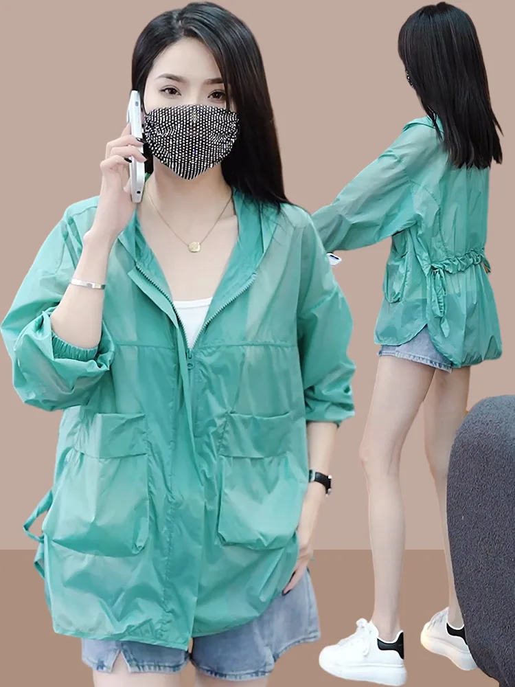 Women's Summer New Ice Silk Thin Sun Protection Clothing Breathable Large Size Transparent Hooded Zipper Long Sleeve Casual J...