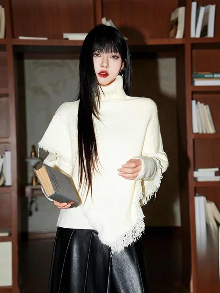 

Women's High Collar Sweater Set with Cowl Ne Poncho Fringe Base irt Inner Wear Autumn Winter Thi Warm Plu Knitwear