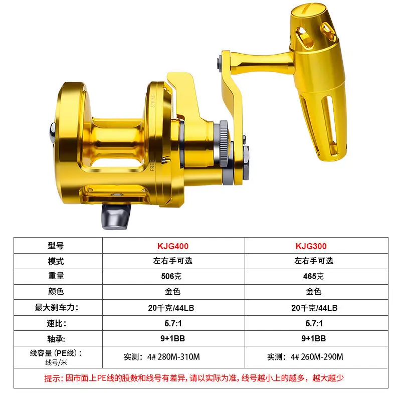 Full metal sea fishing wheel drum, one-way slow iron plate wheel trolling drum fishing wheel KJG400, 2/0 size