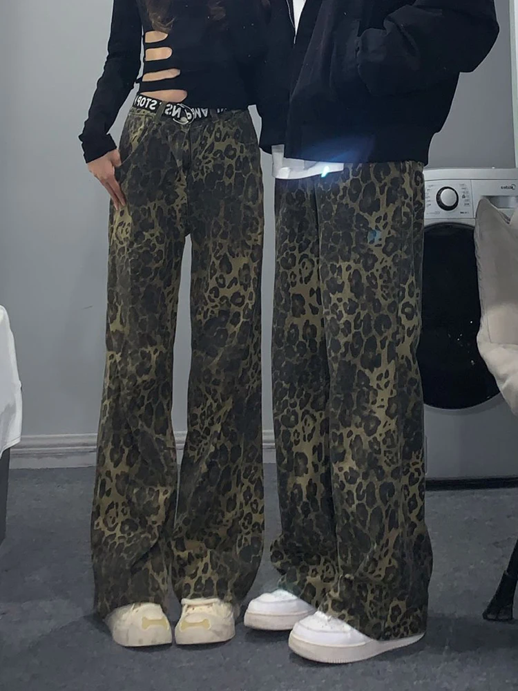 Retro American High Street Men's Denim Jeans Autumn Winter Leopard Print Wide Leg Extended Workwear Pants Couple's Style