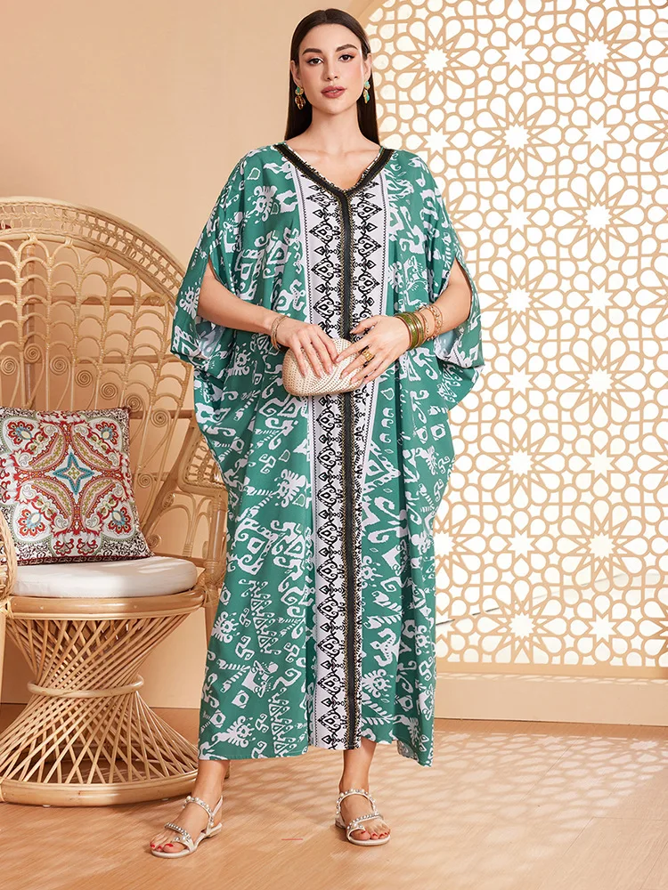 

Morocco Women Print Loose Abaya Muslim Kaftan Dress Ethnic Arabic Robe Dubai Caftan Hippie Party Gown Holiday Islamic Jalabiya