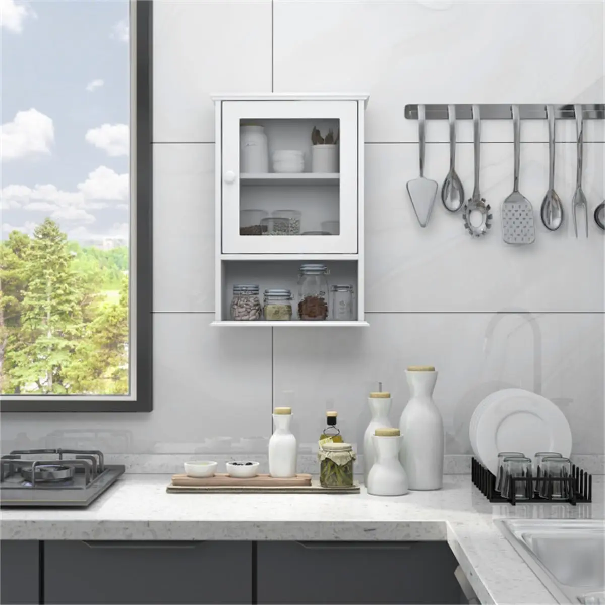 

White Wooden Wall Cabinet with Adjustable Shelves Over Toilet for Bathroom Kitchen Laundry 14x7x20 inch, Customized