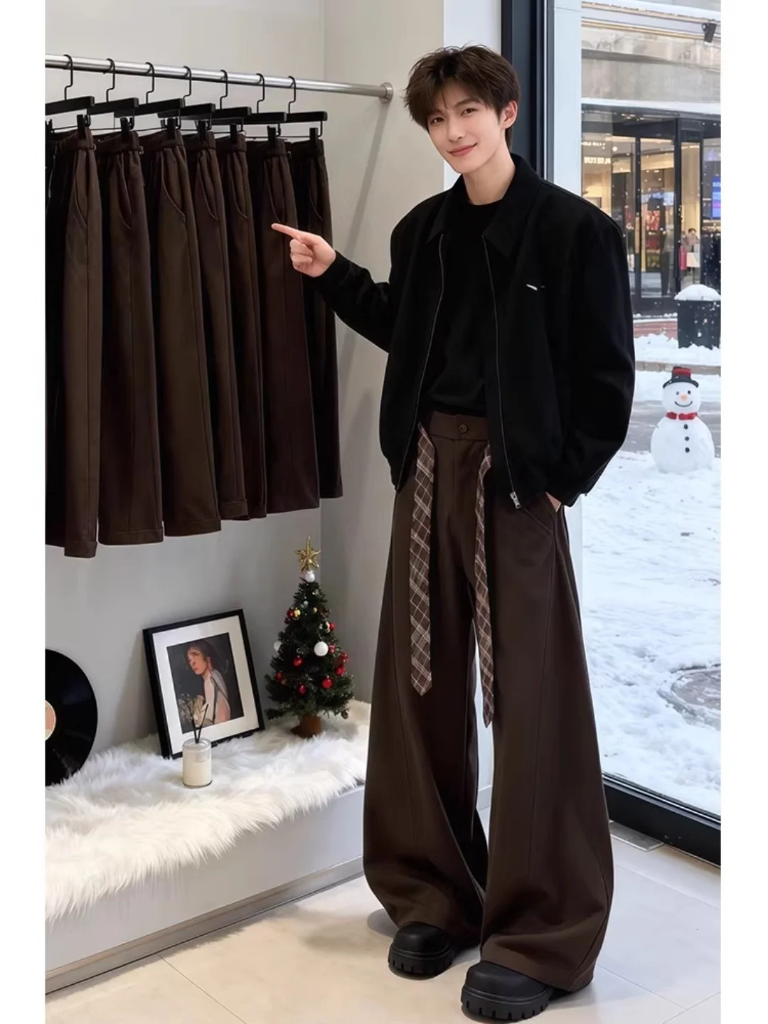 

Мужские широкие брюки в темно-коричневую клетку для осени и весны, в американском ретро-стиле, повседневные, свободного кроя, для дома и офиса