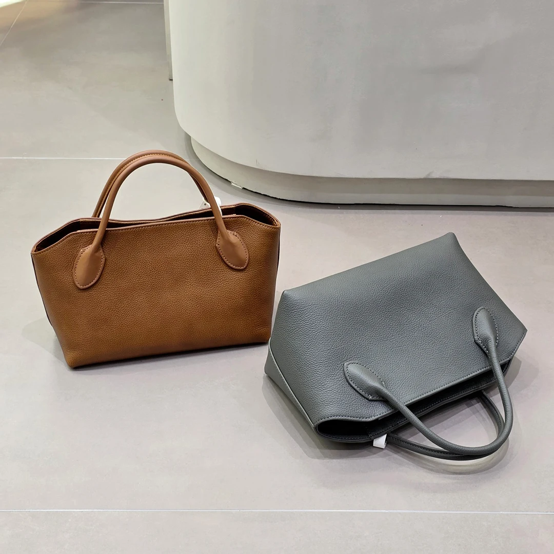 Mendy Genuine Leather Shell Bag Women Pebbled Open Top Double Handle Minimalist Luxury Designer Versatile Date Night Purse New