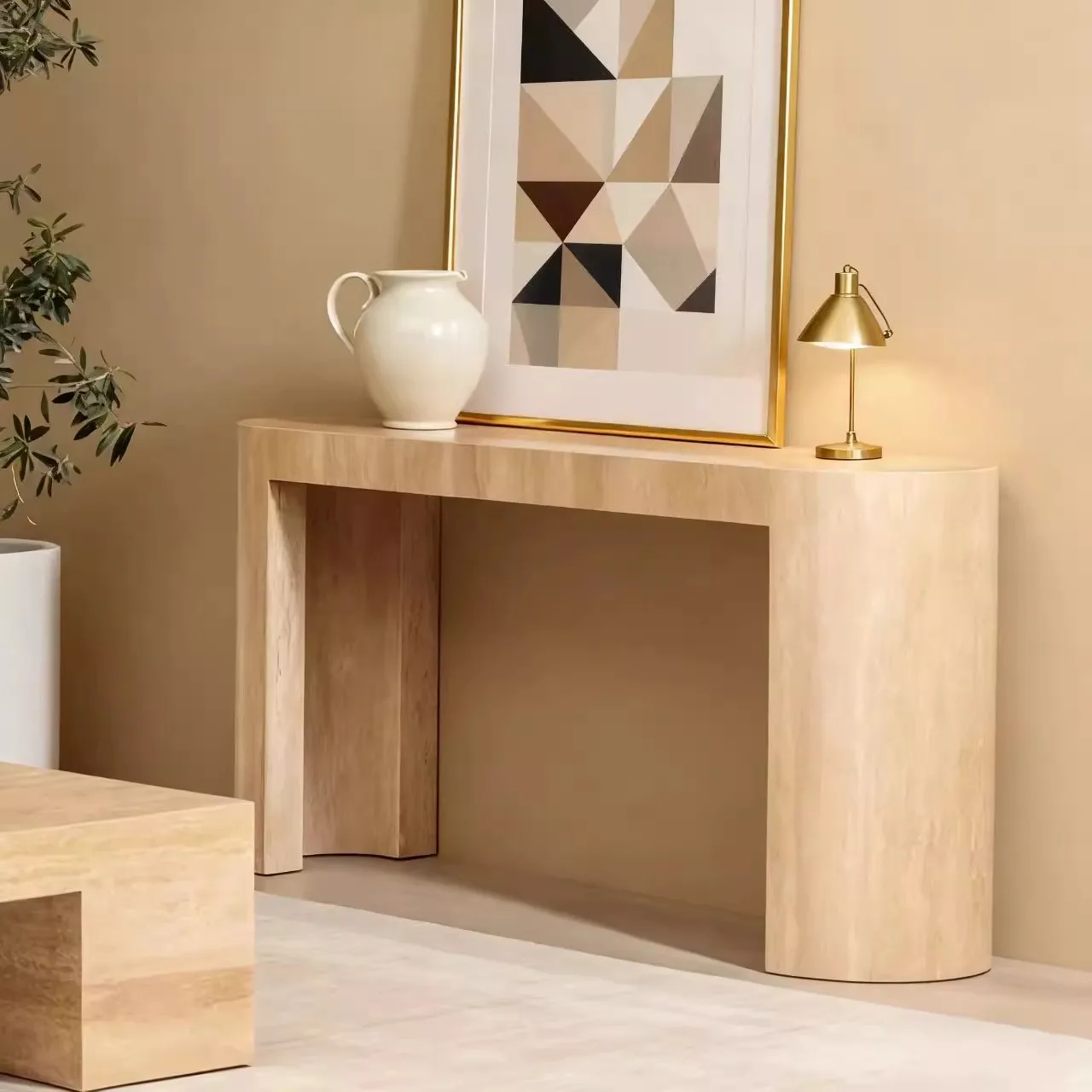Simple natural travertine, entrance table, wall-to-wall entryway, storage table, corridor aisle, ultra-narrow desk, table