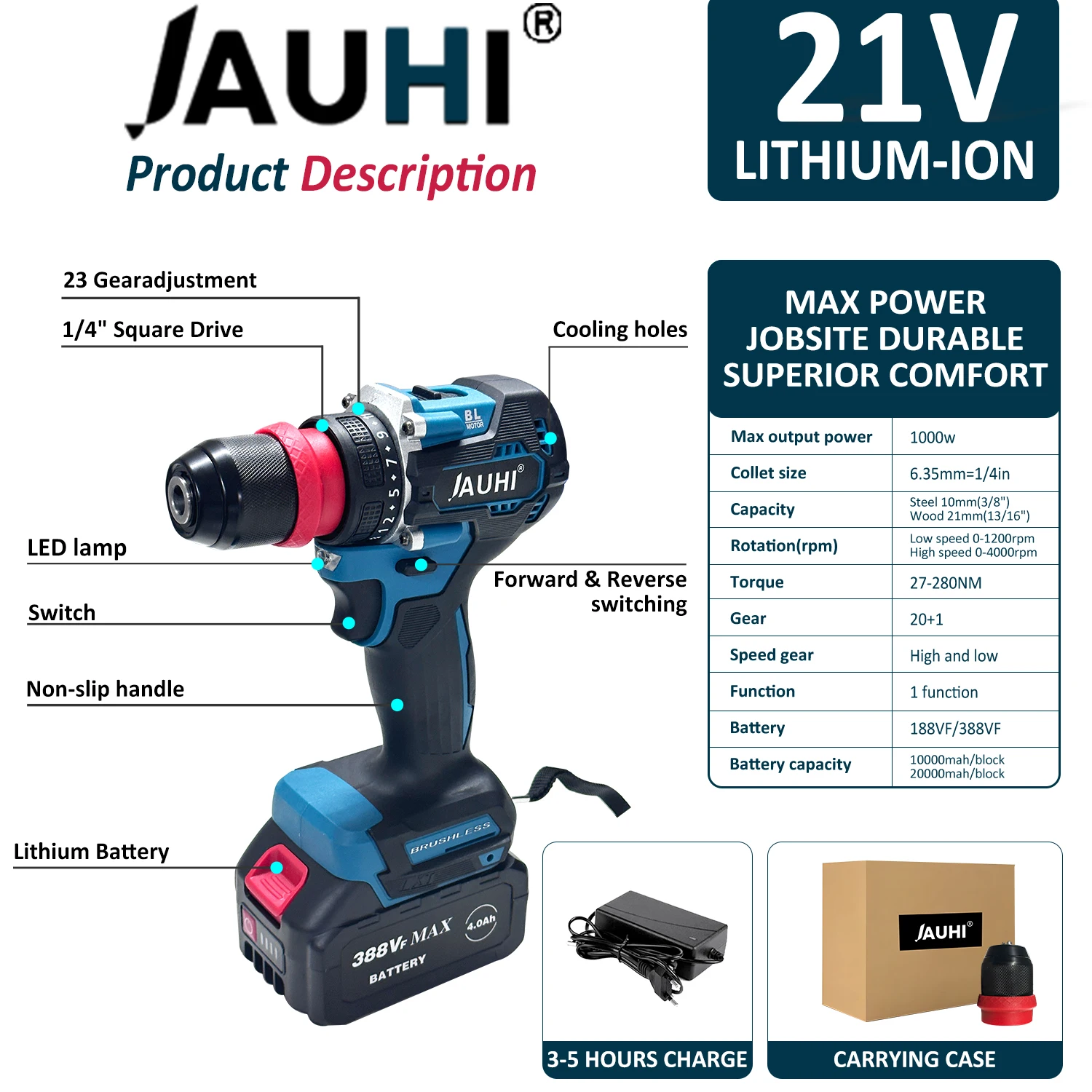 JAUHI 2in1 Brushless Electric Screwdriver 280N.m Multifunctional  Cordless Electric Screw Driver Drills for Makita 18V battery