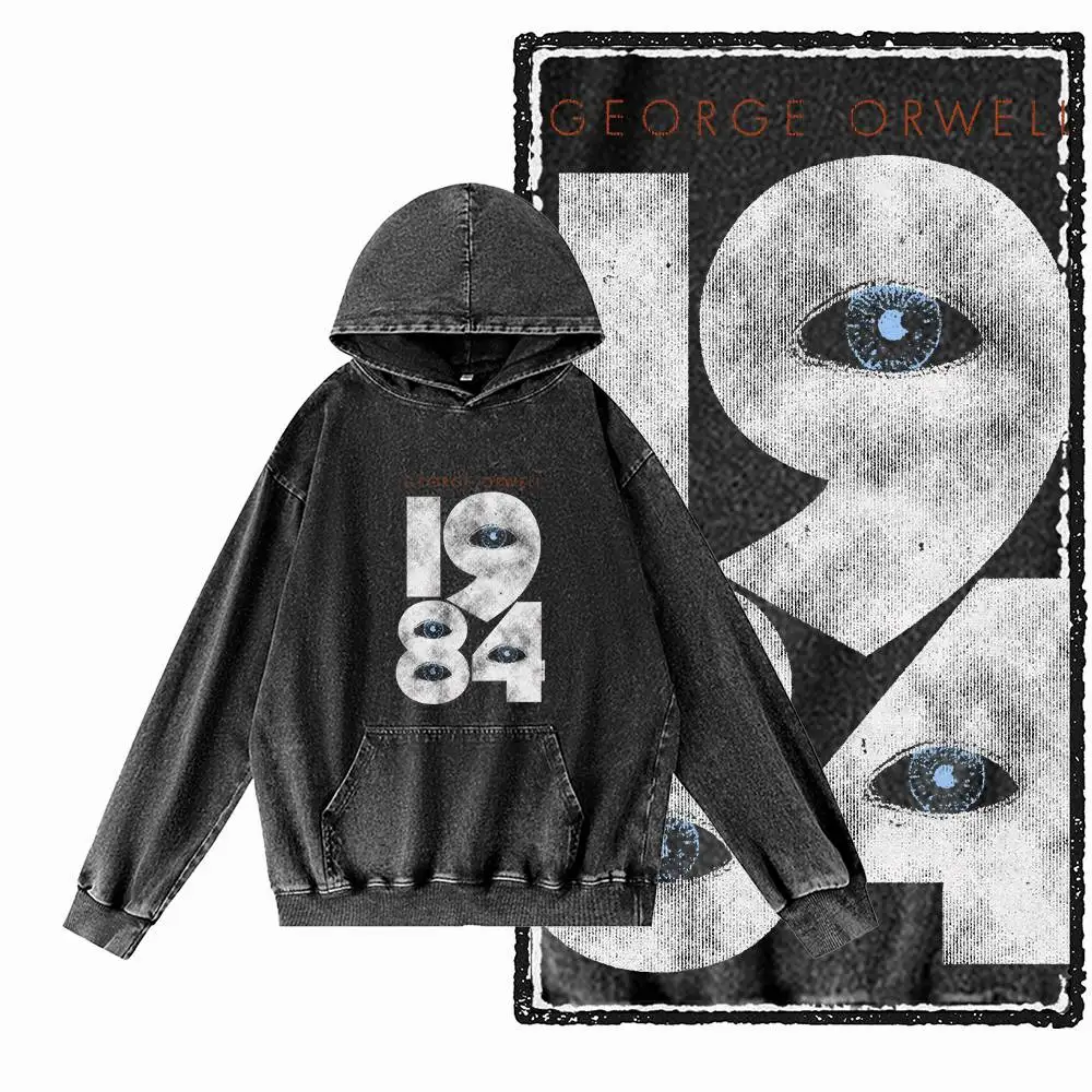 G02 حمض غسلها القطن الأسود حجم كبير 1984 جرافيك الرجال هوديس |    سترة بغطاء للرأس للرجال برقبة دائرية رائعة من Streetwear