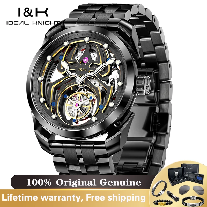 IDEAL KNIGHT Top Luxury Skeleton Tourbillon Automatic Mechanical Watch Men High Quality 50M Waterproof Stainless Steel Watch