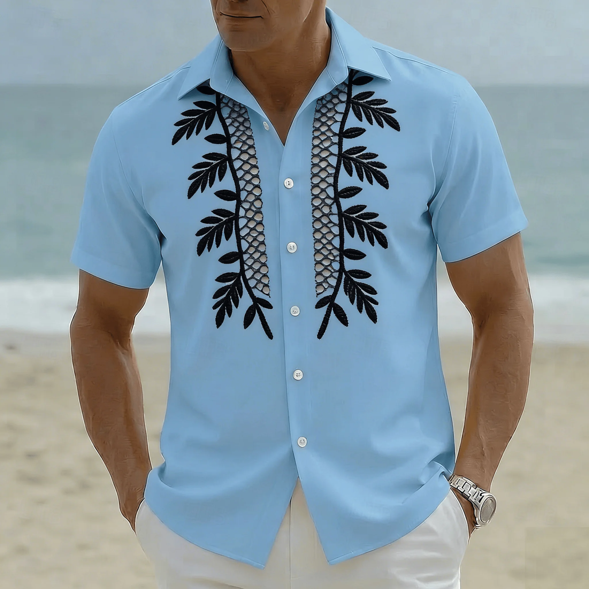 Light Blue Front Leaf Hollowed Out Shirt, Retro Men's Seaside Vacation, Business Commuting, High-end Breathable Casual Top