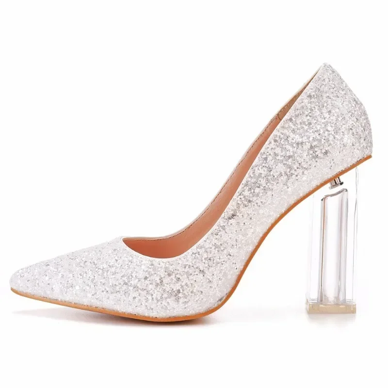 New Luxury Pumps Women Pointed Toe Bling Slip-On Sequined Cloth 9.5CM Square Heel Party Dress Korean Style Women Shoes White