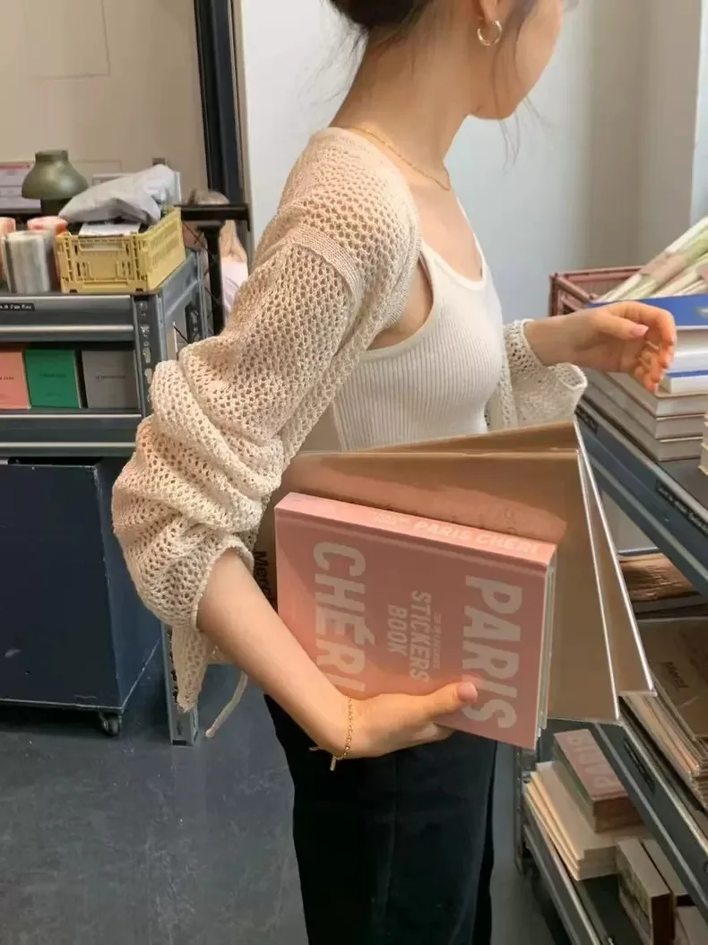 East Gate OUCE Gentle Wind Cardigan aperto lavorato a maglia scavato sciolto pigro versatile Top da donna vestibilità ampia lungo Sve V-Ne Kni...