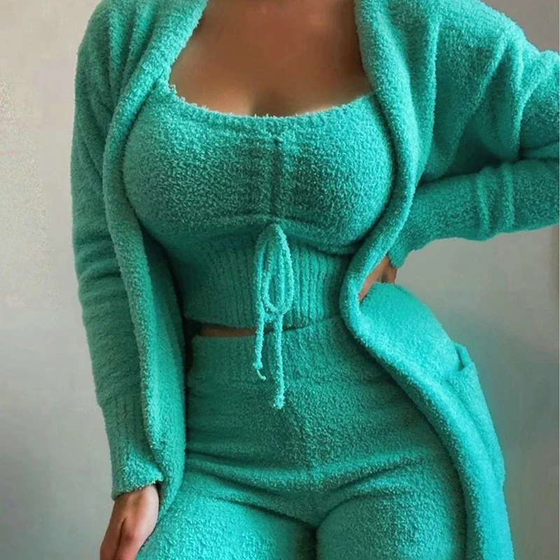 

2023 New Autumn Winter Women's Velvet Pajamas Set Crop Top Long Pants Coat 3 Pieces Suit Warm Soft Fleece Homewear Pyjamas