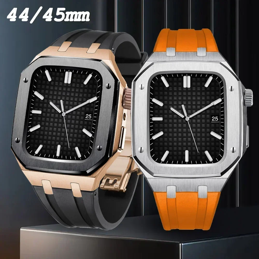 44mm Metal Case+Silicone Band For Apple Watch Series 8 45mm 7 SE/6/5/4 Rubber Strap Luxury Stainless Steel Diy Modification Kit